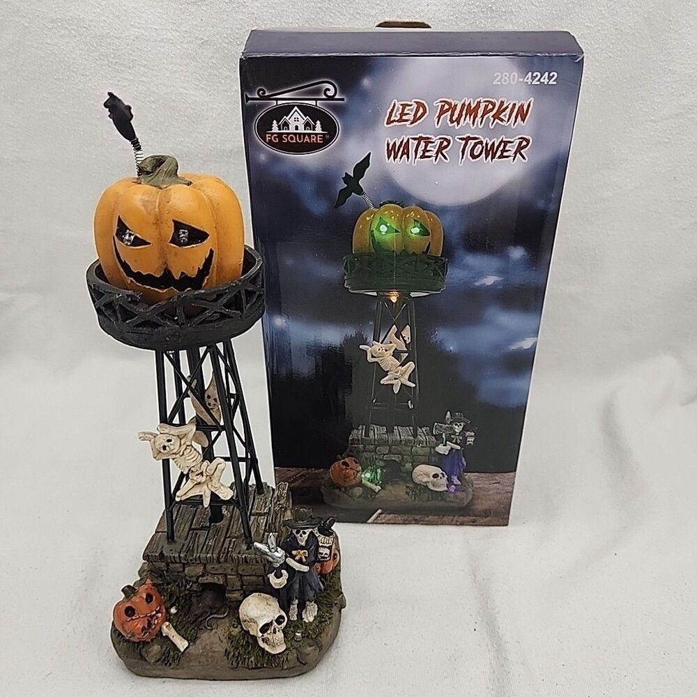 House Pumpkin Water Tower LED Spooky Jack-o'-Lantern Halloween FG Square